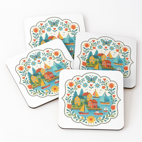 Item preview, Harbor with Sailboats and Flowers - Scandinavian Folk Art by heidiannemorris © designed and sold by FOLK ART FUSION by heidiannemorris.