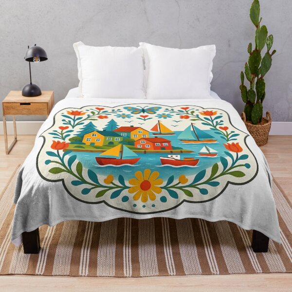 Item preview, Harbor with Sailboats and Flowers - Scandinavian Folk Art by heidiannemorris © designed and sold by FOLK ART FUSION by heidiannemorris.