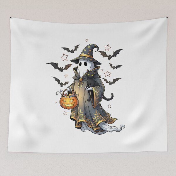 Item preview, Vintage Halloween Ghost Holding Black Cat Groovy Floral  designed and sold by cawtoon.