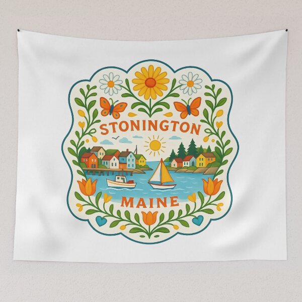 Item preview, Stonington Harbor with Sailboats and Flowers - Scandinavian Folk Art by heidiannemorris © designed and sold by FOLK ART FUSION by heidiannemorris.