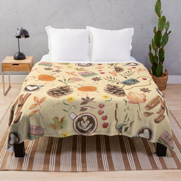 Item preview, Cozy Autumn Fall Pattern Throw Blanket with Camera, Leaves, Cocoa & Pinecones designed and sold by FestivityFinds.