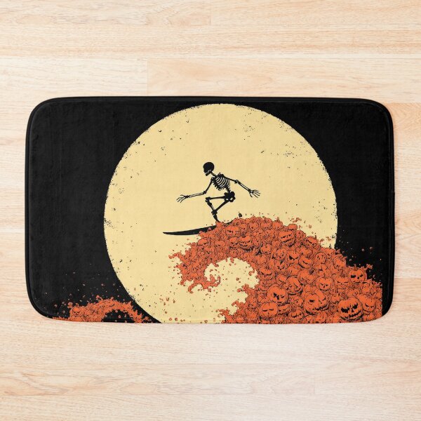 Item preview, Skeleton surfer on pumpkin wave in the moonlight – Funny Halloween motif designed and sold by Meiersbeste.