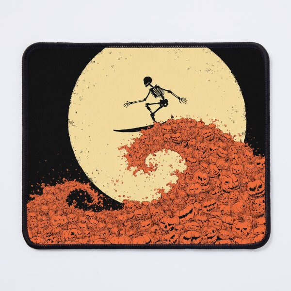 Item preview, Skeleton surfer on pumpkin wave in the moonlight – Funny Halloween motif designed and sold by Meiersbeste.