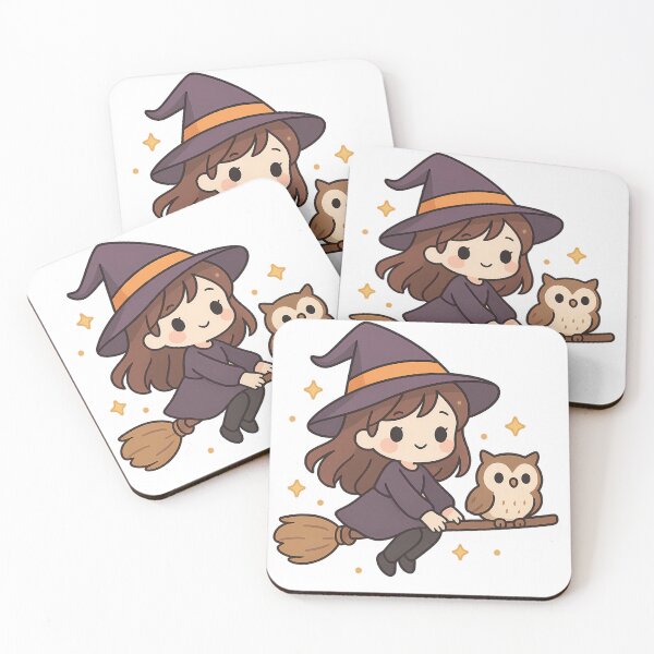 Item preview, Cute Little Witch and Owl Flying on a Broomstick - Kawaii Witch and Her Owl Companion Art designed and sold by Minimochi Art.