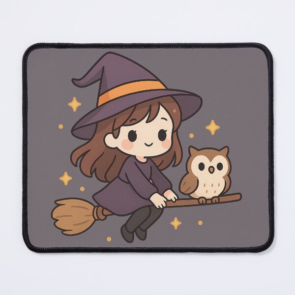 Item preview, Cute Little Witch and Owl Flying on a Broomstick - Kawaii Witch and Her Owl Companion Art designed and sold by Minimochi Art.