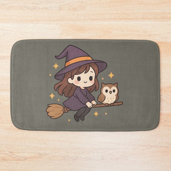 Item preview, Cute Little Witch and Owl Flying on a Broomstick - Kawaii Witch and Her Owl Companion Art designed and sold by Minimochi Art.
