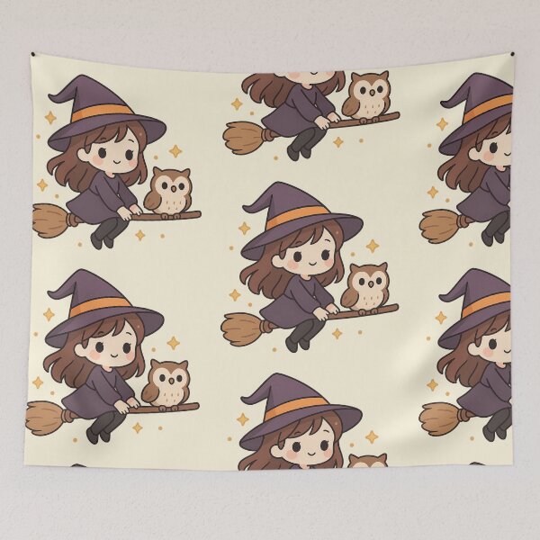 Item preview, Cute Little Witch and Owl Flying on a Broomstick - Kawaii Witch and Her Owl Companion Art designed and sold by Minimochi Art.
