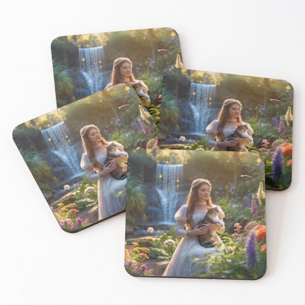 Item preview, Elegant Woman with Cat in the Garden by the Waterfall designed and sold by BlareBlare.