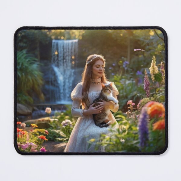 Item preview, Elegant Woman with Cat in the Garden by the Waterfall designed and sold by BlareBlare.
