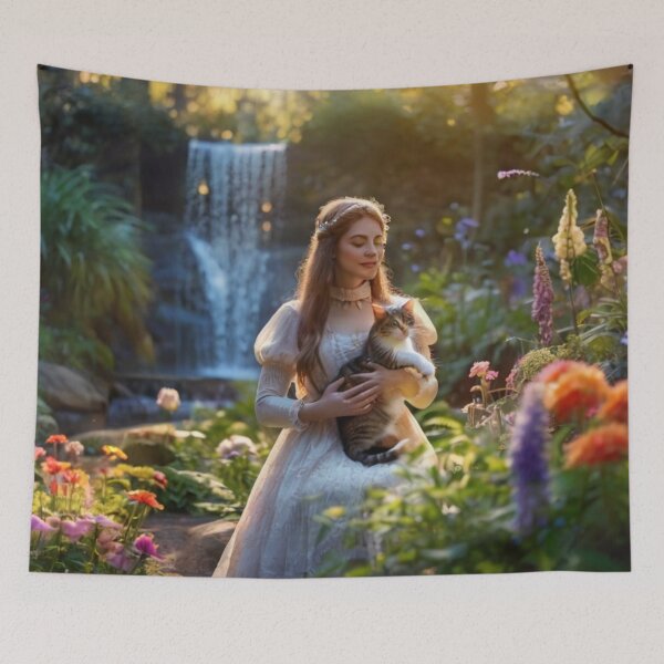 Item preview, Elegant Woman with Cat in the Garden by the Waterfall designed and sold by BlareBlare.