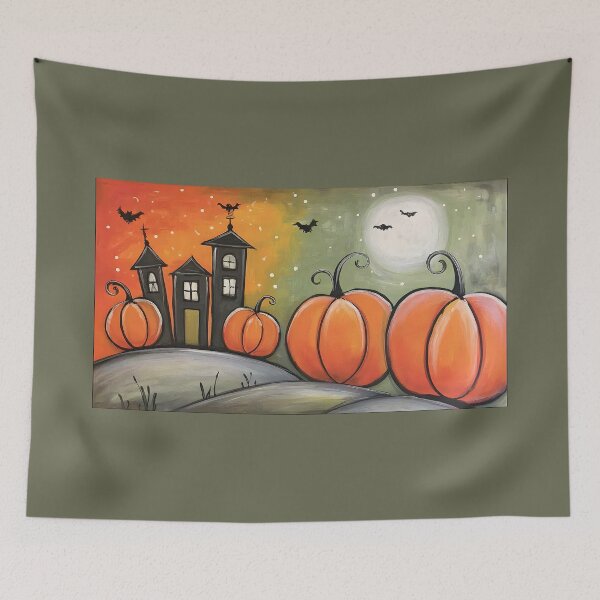 Item preview, Celebrate a Spooky Halloween with Oversized Pumpkins and a Haunted House Beneath a Glowing Sky designed and sold by OlfactoART Studio.