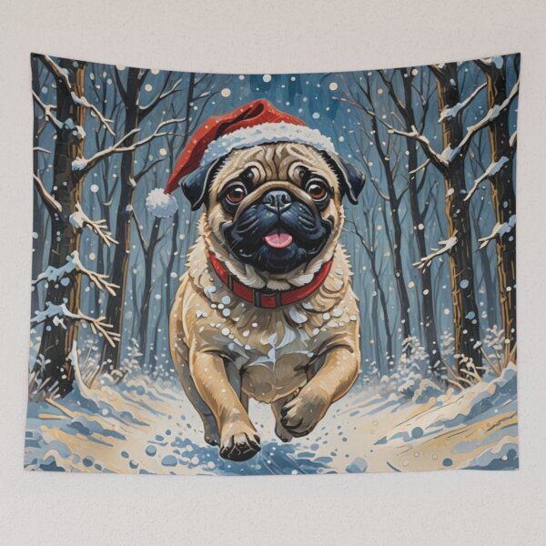 Item preview, Pug with Santa Hat in Snowy Forest designed and sold by Wags & Tails.