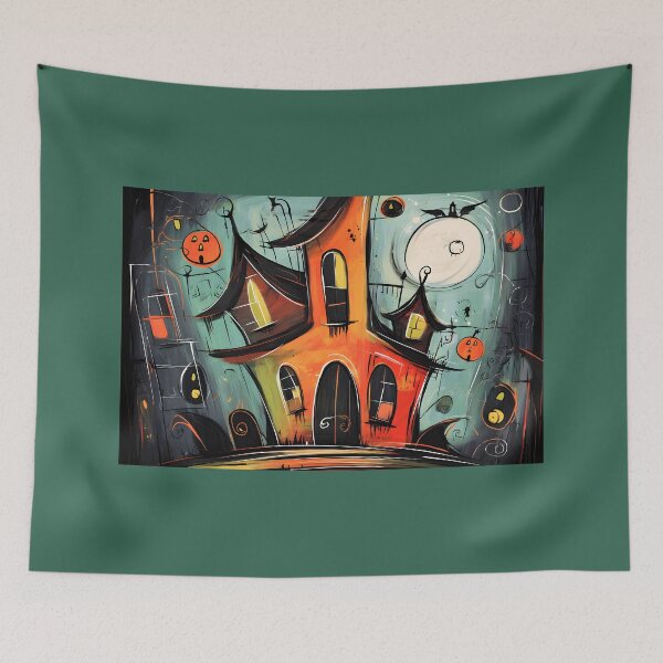 Item preview, Crooked House on a Moonlit Night with Flying Bats and Grinning Jack-o-Lanterns designed and sold by OlfactoART Studio.