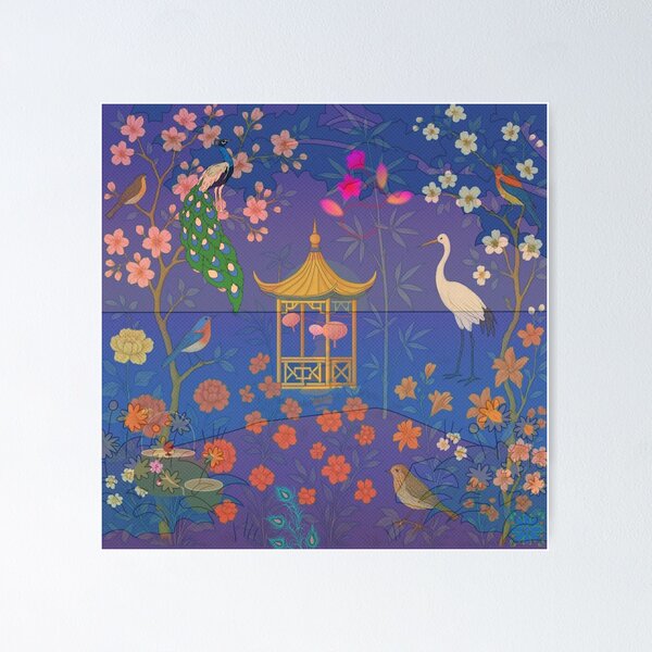 Item preview, Purple Blue 3D Chinoiserie Garden by Moonlight — Enchanted Night of Lanterns and Birds designed and sold by Sugar Wisdom .