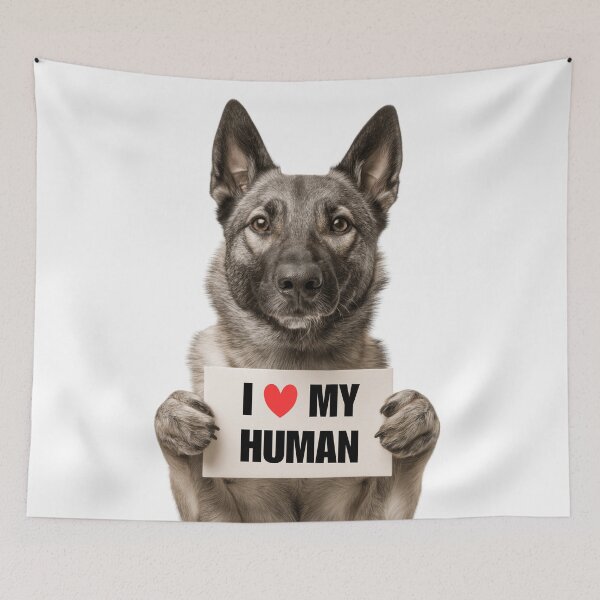 Item preview, Cute Norwegian Elkhound dog with Signboard I love my Human designed and sold by LazyOwlStore.