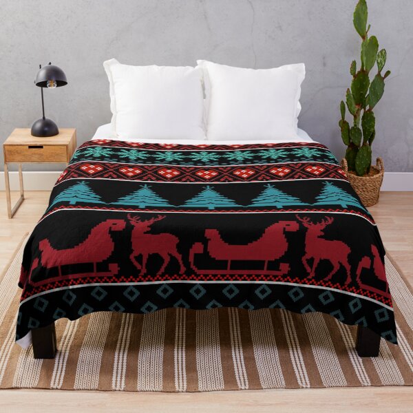 Item preview, Pixel art Christmas pattern Features reindeer sleighs snowflakes trees heart shapes on black background designed and sold by Crispifly.