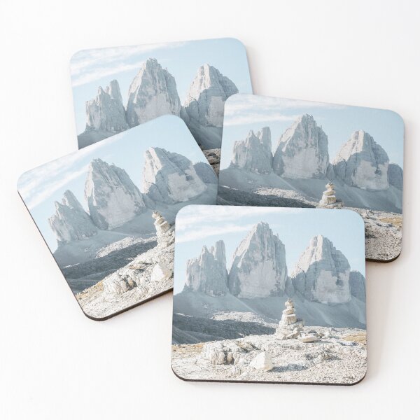 Item preview, Dolomites, Italy I Tre Cime di Lavaredo mountain landscape with cairn in foreground and rocky peaks the authentic, geometric, raw mineral wilderness nature of the Italian Alps during summer designed and sold by Julie Travel Photography.