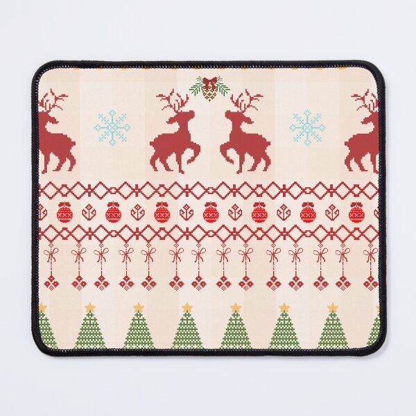 Item preview, Seamless pixel art Christmas pattern with red reindeer green trees snowflakes and festive ornaments designed and sold by Crispifly.