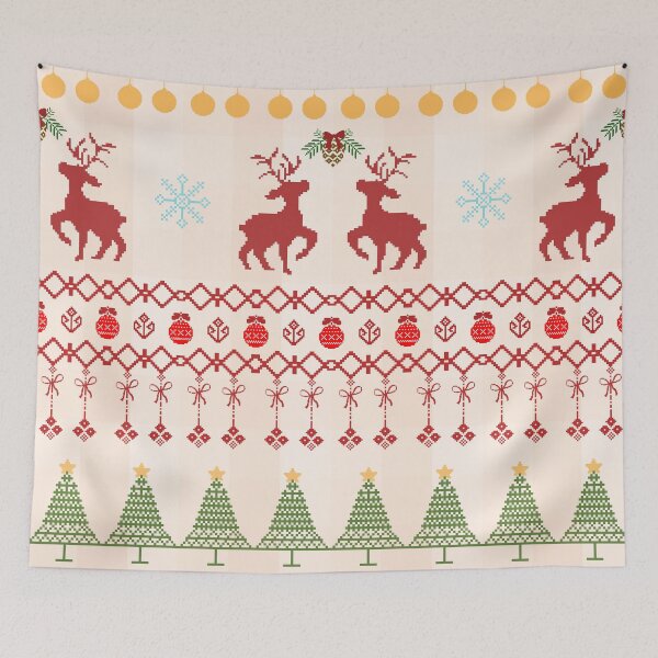 Item preview, Seamless pixel art Christmas pattern with red reindeer green trees snowflakes and festive ornaments designed and sold by Crispifly.