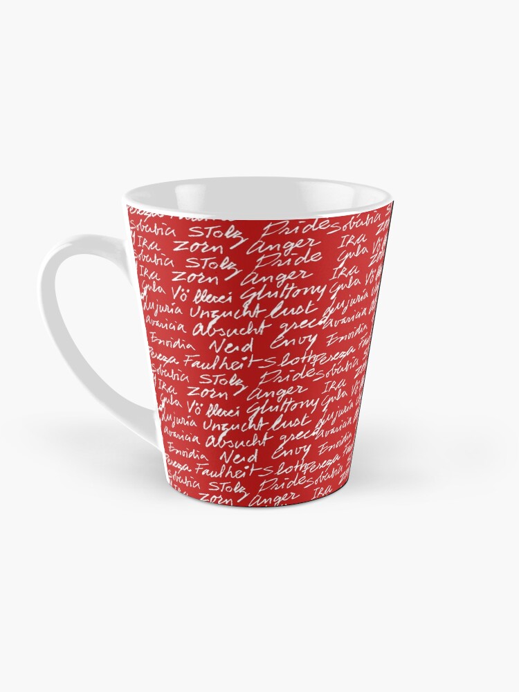 Imagen 3 de 4, Taza de café con la obra Los siete pecados capitales (color texto blanco), diseñada y vendida por VictoriaCF.