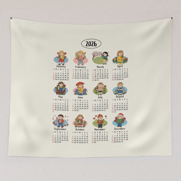 Item preview, 2026 Cute Character & Floral Calendar | Kawaii Art Monthly Wall Decor designed and sold by JOOKDesign.