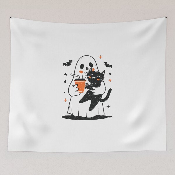 Item preview, Friendly ghost with black cat and pumpkin latte sticker designed and sold by DadGenX.