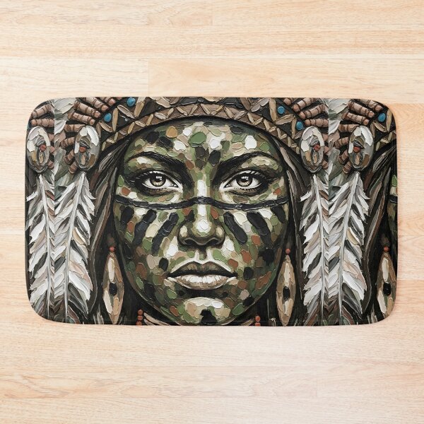 Item preview, Native American warrior girl in her folkloric dress embroidered with feathers, blue and brown beads, and gold threads. designed and sold by jotcar.