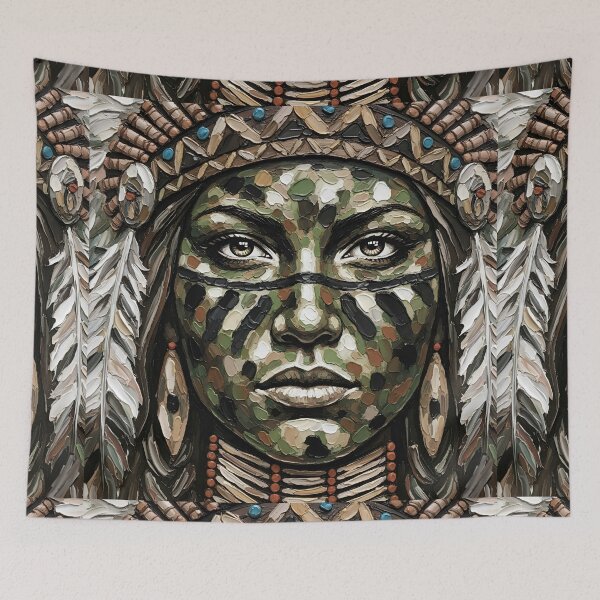 Item preview, Native American warrior girl in her folkloric dress embroidered with feathers, blue and brown beads, and gold threads. designed and sold by jotcar.