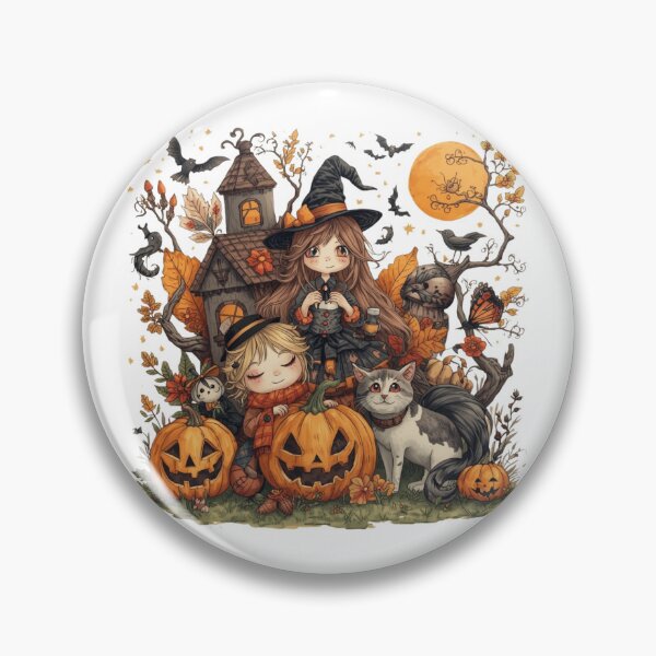 Item preview, Kawaii Witches with Haunted House, Cat and Pumpkins – Enchanted Halloween designed and sold by Digitalka.