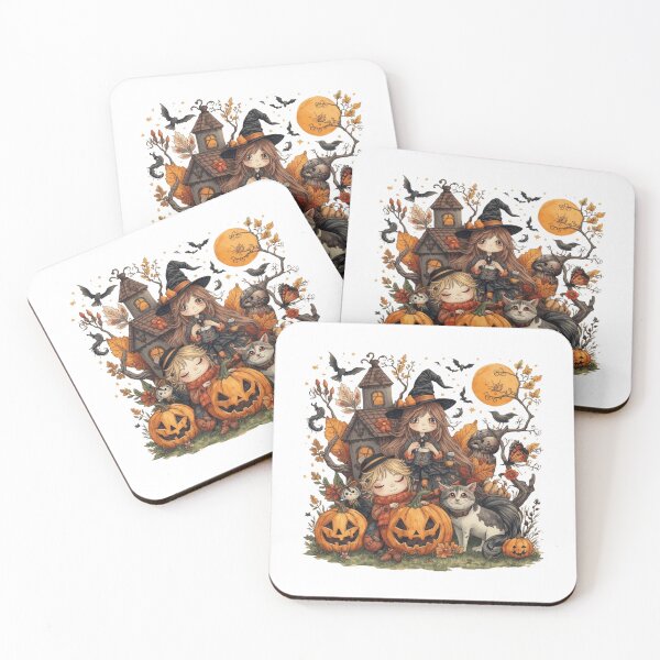Item preview, Kawaii Witches with Haunted House, Cat and Pumpkins – Enchanted Halloween designed and sold by Digitalka.