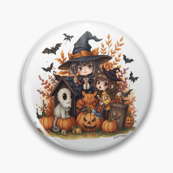 Item preview, Kawaii Witches with Ghost Puppy and Pumpkins – Enchanted Halloween designed and sold by Digitalka.