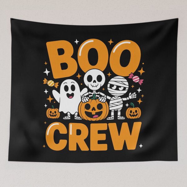Item preview, Ghostly Gang: A playful and fun design with a group of Halloween hooligans. A ghost, an alien mummy, and an alien are all together with pumpkins, causing a bit of spooky trouble. designed and sold by Grang Art Artistic Designs.
