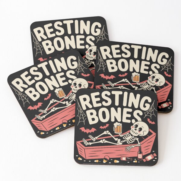 Item preview, Resting Bones: This fun and colorful design is a relaxed take on Halloween. A happy skeleton is chilling in a coffin with a beer and a peaceful smile.  designed and sold by Grang Art Artistic Designs.