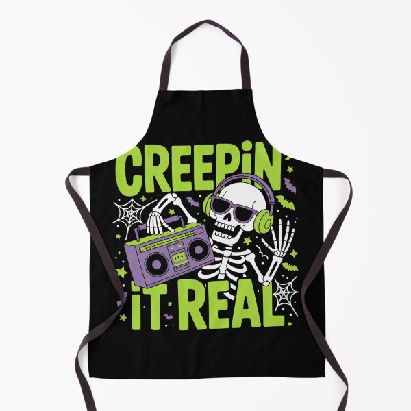 Aperçu de l'œuvre Creepin' It Real : un design d'Halloween amusant et dynamique mettant en vedette un squelette groovy avec des écouteurs et des lunettes de soleil, dansant avec une boombox. créée et vendue par Camel & Quirk.
