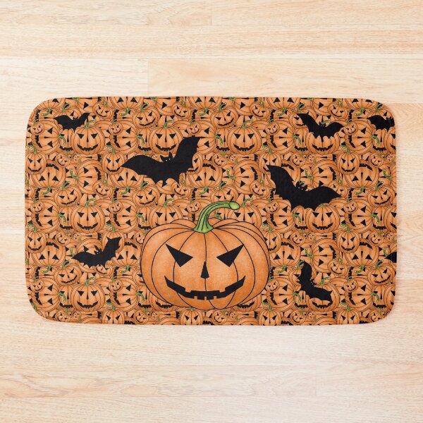 Item preview, Pumpkin with bats on the background of a pattern of spooky pumpkins for Halloween in orange color designed and sold by Cherevan.