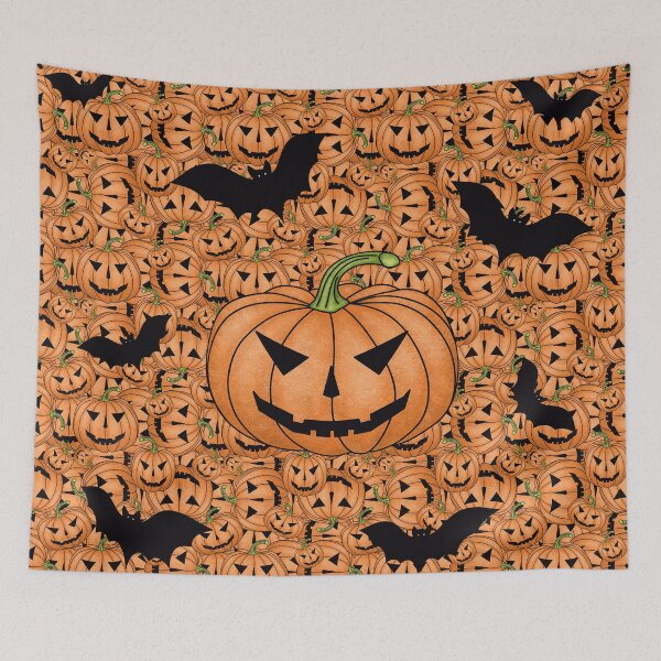 Item preview, Pumpkin with bats on the background of a pattern of spooky pumpkins for Halloween in orange color designed and sold by Cherevan.