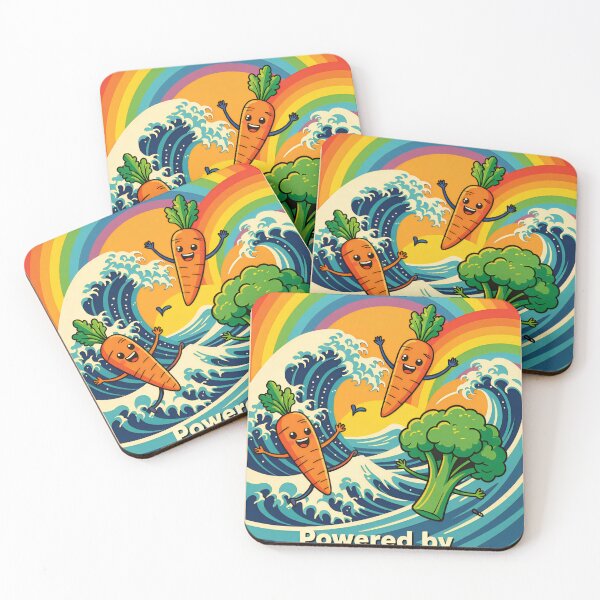 Item preview, Colorful illustration of joyful carrots and broccoli celebrating plant power against a vibrant background with waves and a rainbow designed and sold by SpaceartLilu.