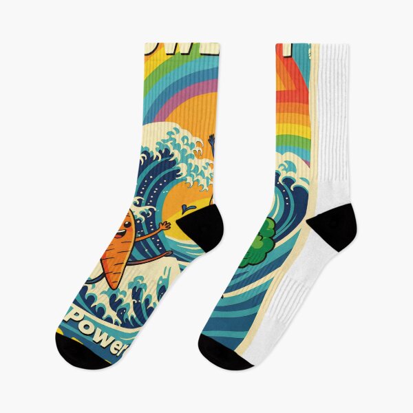 Item preview, Colorful illustration of joyful carrots and broccoli celebrating plant power against a vibrant background with waves and a rainbow designed and sold by SpaceartLilu.