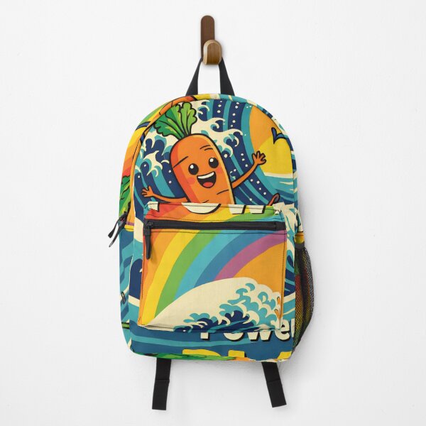 Item preview, Colorful illustration of joyful carrots and broccoli celebrating plant power against a vibrant background with waves and a rainbow designed and sold by SpaceartLilu.