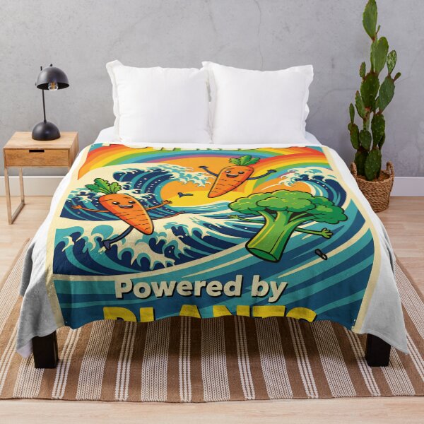 Item preview, Colorful illustration of joyful carrots and broccoli celebrating plant power against a vibrant background with waves and a rainbow designed and sold by SpaceartLilu.