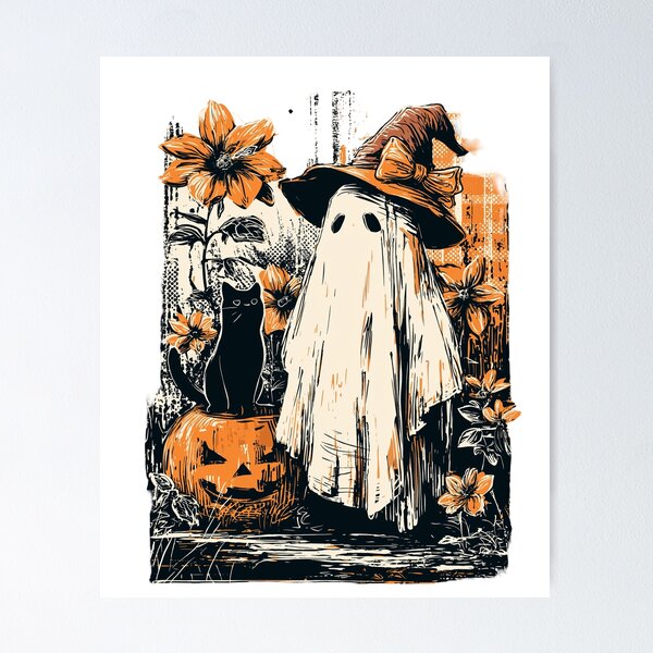 Aperçu de l'œuvre Fantôme d'Halloween avec chat créée et vendue par Plotterzebra.