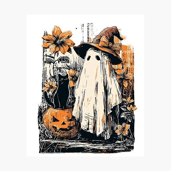 Aperçu de l'œuvre Fantôme d'Halloween avec chat créée et vendue par Plotterzebra.
