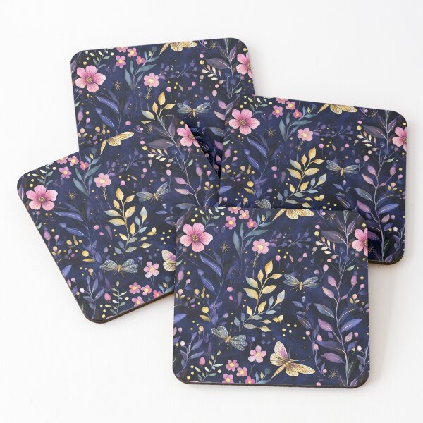 Item preview, Night Garden Dark Purple Pink Gold Watercolor Butterflies Leaves All Over designed and sold by Feeling Artsy.
