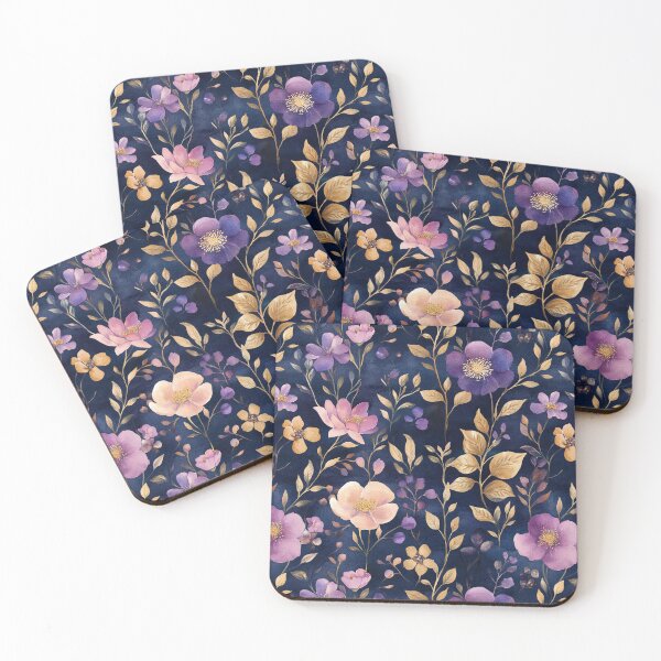 Item preview, Night Garden Dark Purple Pink Gold Watercolor Flowers Leaves All Over designed and sold by Feeling Artsy.