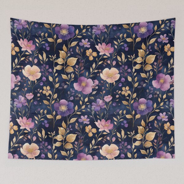 Item preview, Night Garden Dark Purple Pink Gold Watercolor Flowers Leaves All Over designed and sold by Feeling Artsy.