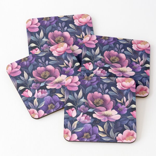 Item preview, Night Garden Dark Purple Pink Watercolor Flowers  Poppies Leaves All Over designed and sold by Feeling Artsy.
