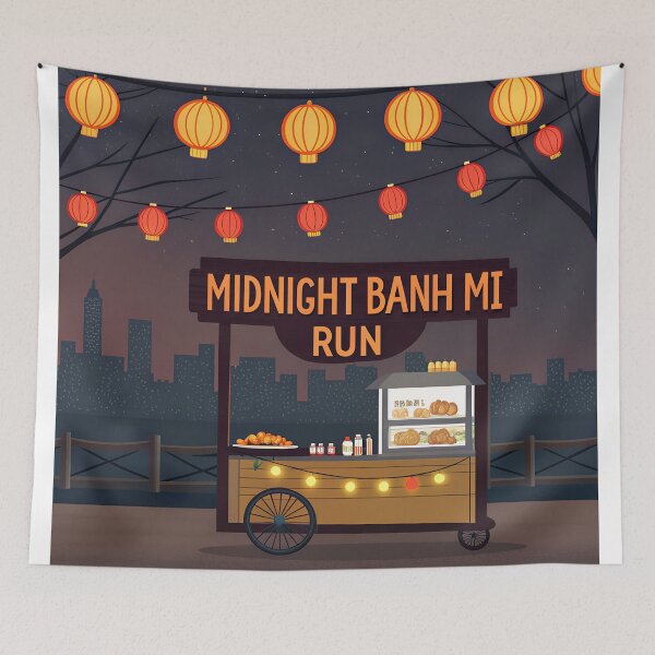 Item preview, Midnight Banh Mi Run – Vietnamese Street Food Cart Night Scene Illustration designed and sold by VividOrganica.