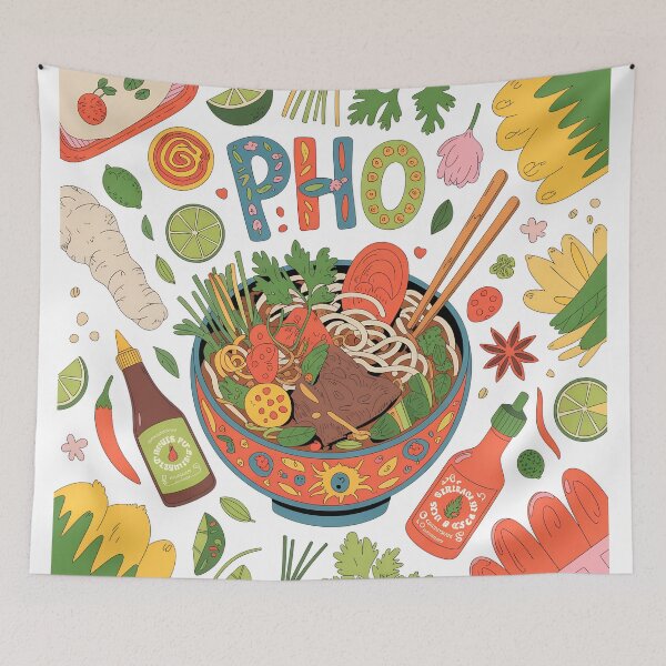 Item preview, Whimsical Pho Bowl Illustration – Colorful Vietnamese Noodles with Herbs, Chili & Sauces designed and sold by VividOrganica.