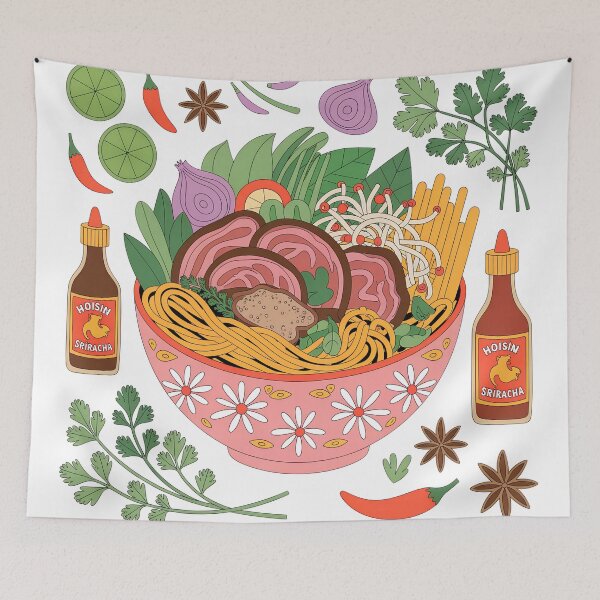 Item preview, Colorful Pho Ingredients Illustration – Whimsical Vietnamese Noodle Bowl Art designed and sold by VividOrganica.