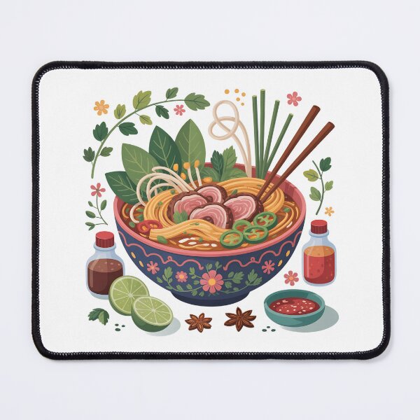 Item preview, Playful Pho Bowl Illustration – Vietnamese Noodles with Herbs, Chili & Sauces designed and sold by VividOrganica.